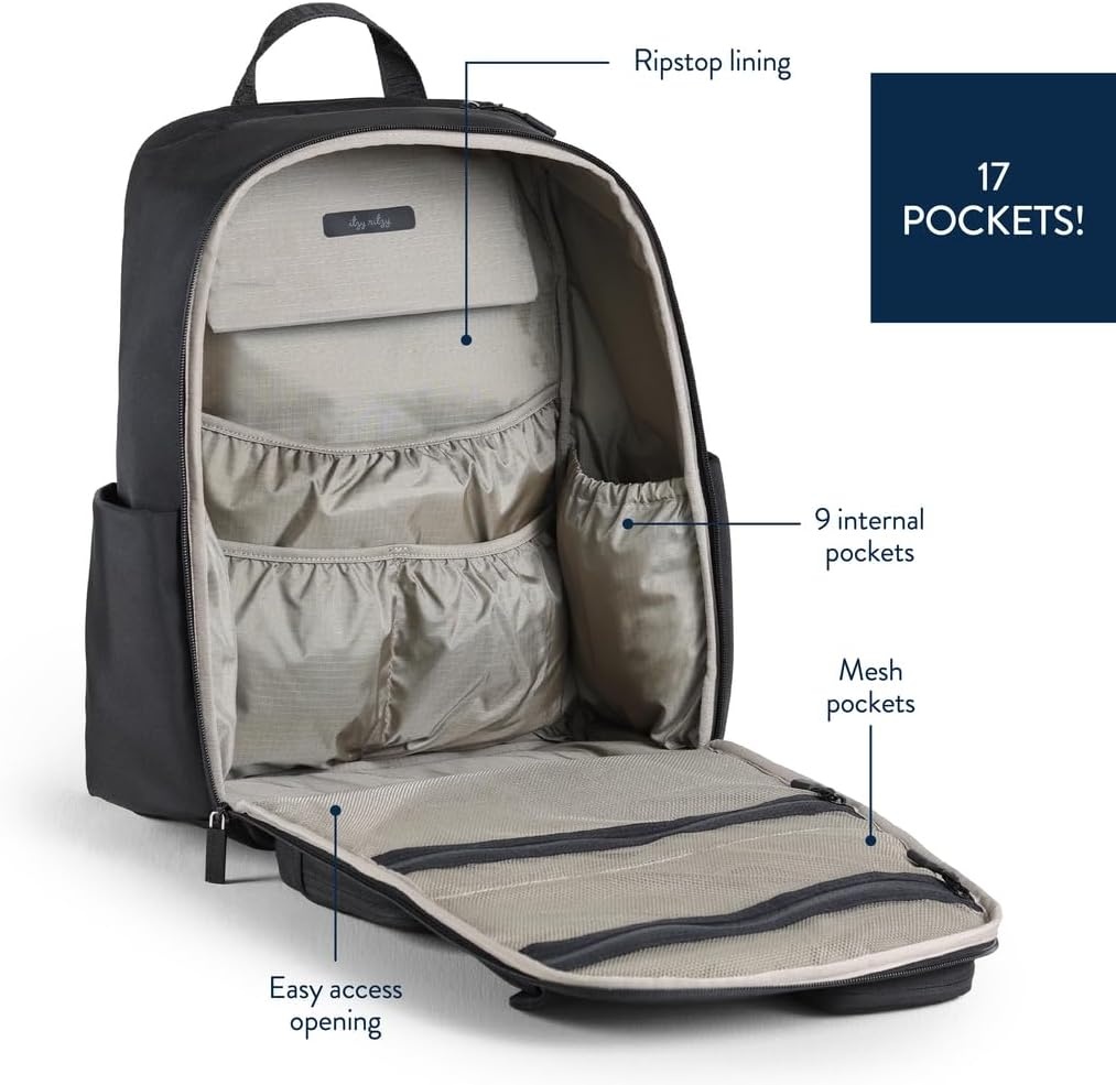 image:imageItzy Ritzy Utility Diaper Bag Backpack Features 17 Pockets Including 2 Insulated Bottle Holders amp Trolley Sleeve and Includes Stroller Straps amp Changing Pad Part of the Belong Collection GreenBlack