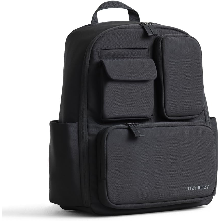 image:imageItzy Ritzy Utility Diaper Bag Backpack Features 17 Pockets Including 2 Insulated Bottle Holders amp Trolley Sleeve and Includes Stroller Straps amp Changing Pad Part of the Belong Collection GreenBlack