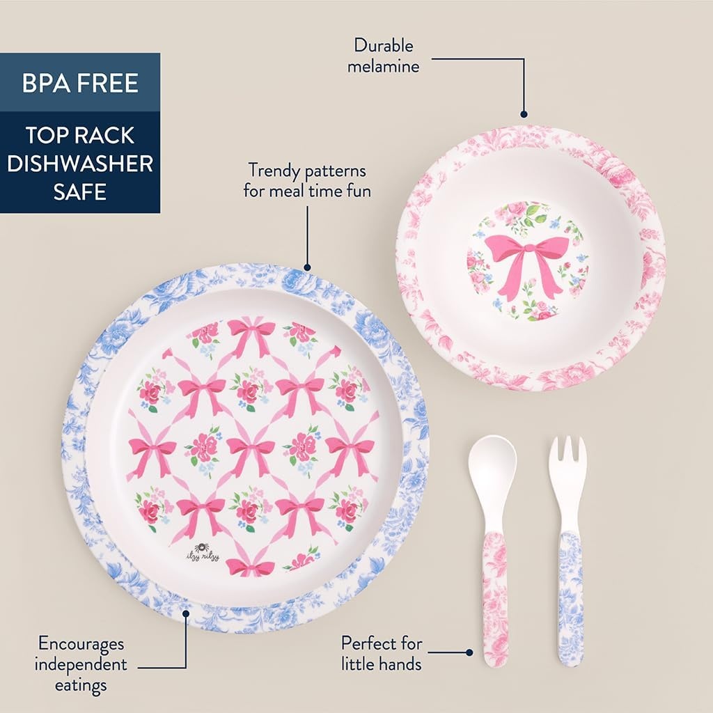 image:imageItzy Ritzy Kids Dinnerware Set Toddler Mealtime Dining Set for Ages 6 Months with Melamine Plate Bowl Fork amp Spoon Dishwasher Safe Baby Feeding Set For Independent Eating Ribbons amp RosesRibbons Roses