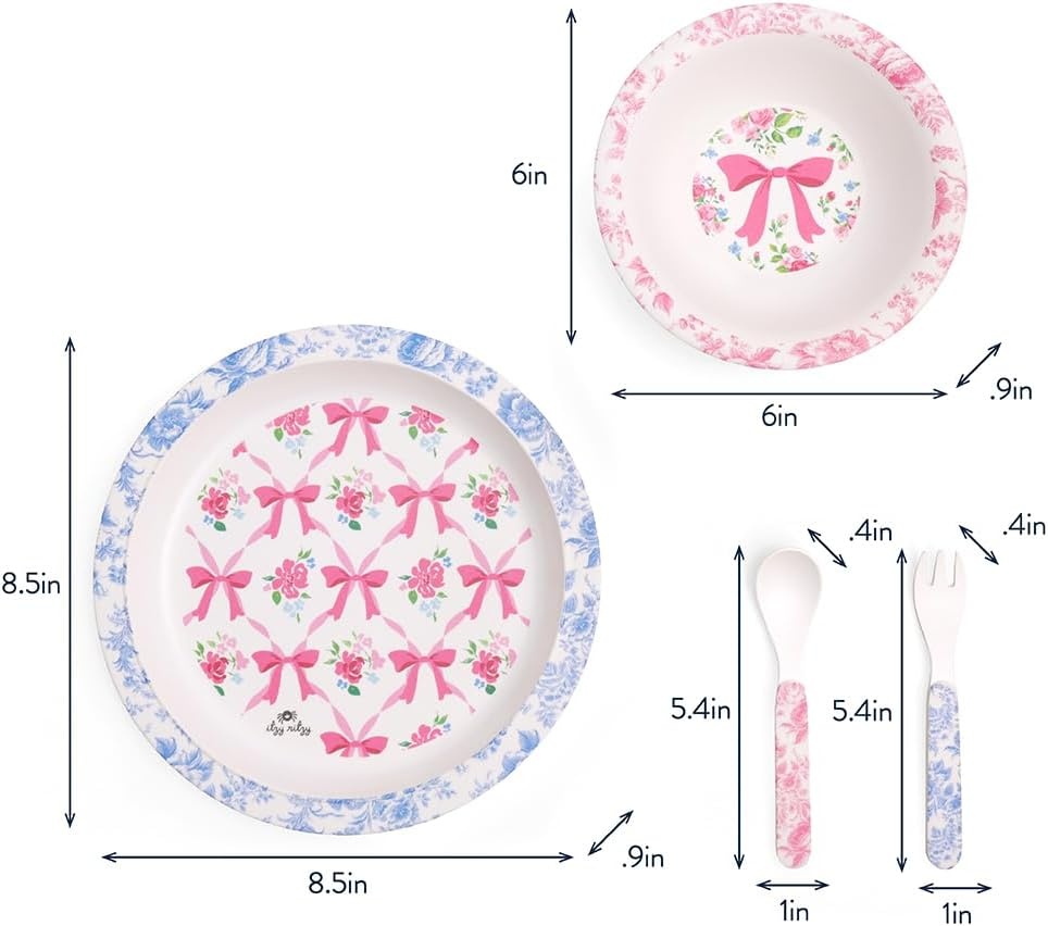 image:imageItzy Ritzy Kids Dinnerware Set Toddler Mealtime Dining Set for Ages 6 Months with Melamine Plate Bowl Fork amp Spoon Dishwasher Safe Baby Feeding Set For Independent Eating Ribbons amp RosesRibbons Roses