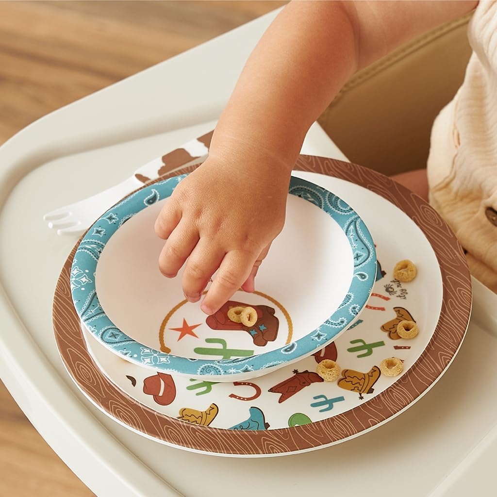 image:imageItzy Ritzy Kids Dinnerware Set Toddler Mealtime Dining Set for Ages 6 Months with Melamine Plate Bowl Fork amp Spoon Dishwasher Safe Baby Feeding Set For Independent Eating Ribbons amp RosesWestern