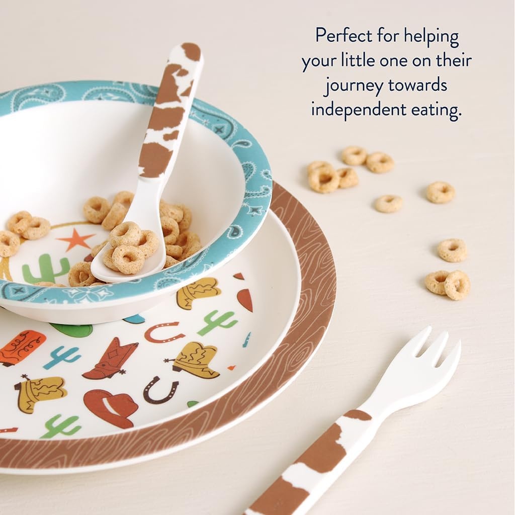 image:imageItzy Ritzy Kids Dinnerware Set Toddler Mealtime Dining Set for Ages 6 Months with Melamine Plate Bowl Fork amp Spoon Dishwasher Safe Baby Feeding Set For Independent Eating Ribbons amp RosesWestern