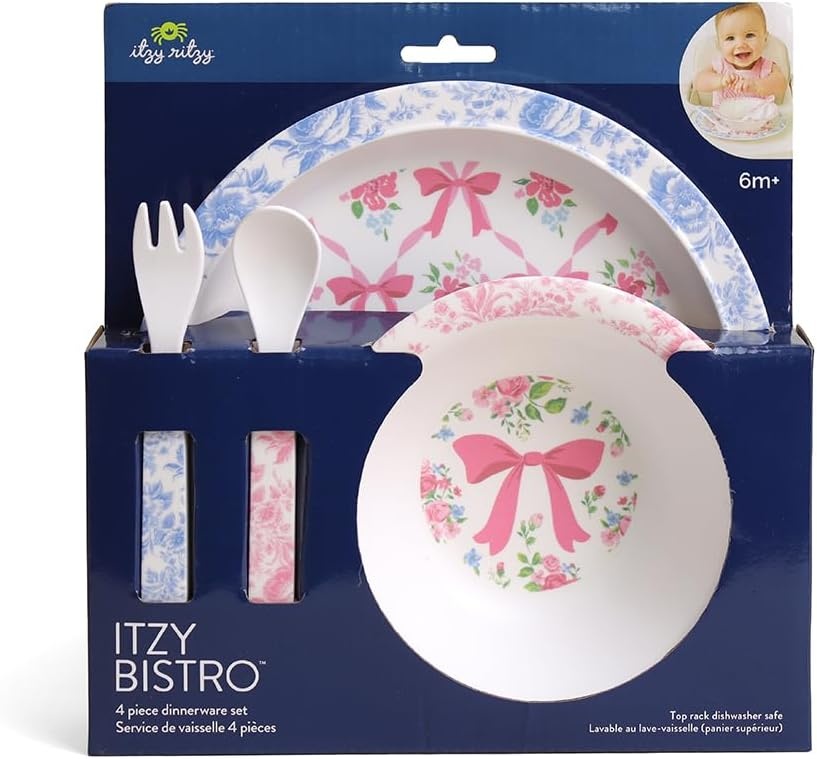 image:imageItzy Ritzy Kids Dinnerware Set Toddler Mealtime Dining Set for Ages 6 Months with Melamine Plate Bowl Fork amp Spoon Dishwasher Safe Baby Feeding Set For Independent Eating Ribbons amp RosesRibbons Roses