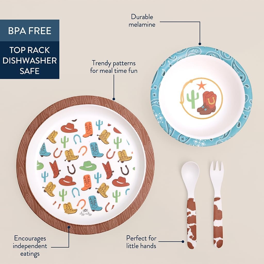 image:imageItzy Ritzy Kids Dinnerware Set Toddler Mealtime Dining Set for Ages 6 Months with Melamine Plate Bowl Fork amp Spoon Dishwasher Safe Baby Feeding Set For Independent Eating Ribbons amp RosesWestern