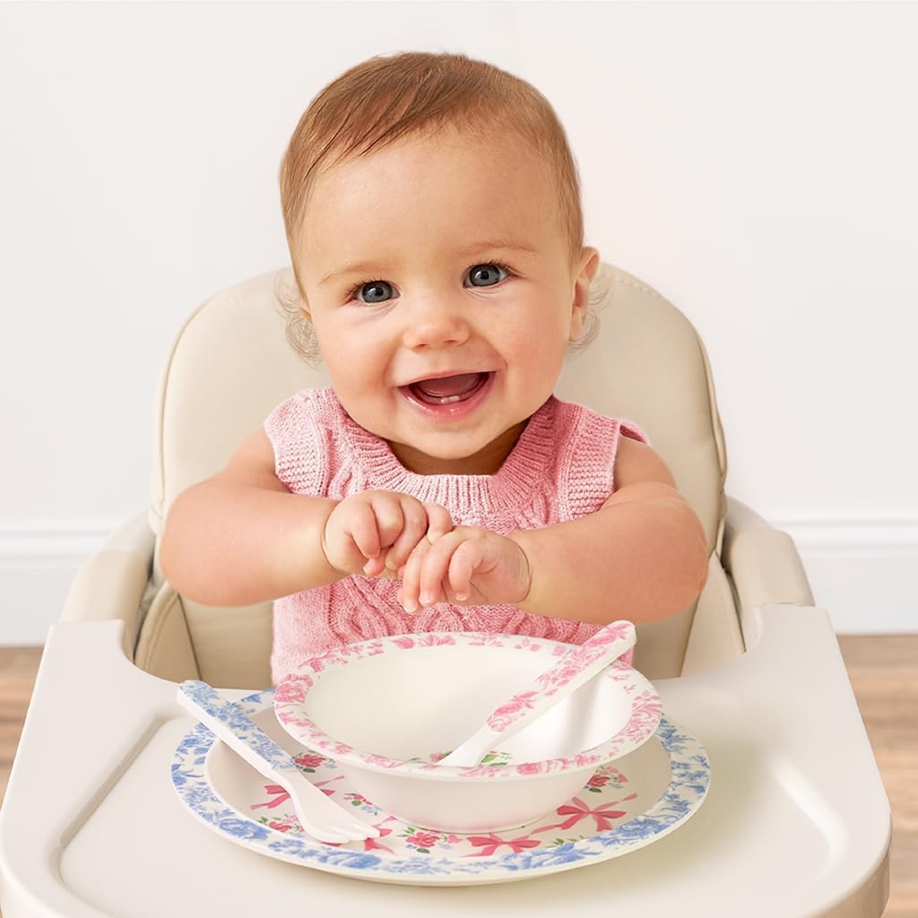 image:imageItzy Ritzy Kids Dinnerware Set Toddler Mealtime Dining Set for Ages 6 Months with Melamine Plate Bowl Fork amp Spoon Dishwasher Safe Baby Feeding Set For Independent Eating Ribbons amp RosesRibbons Roses
