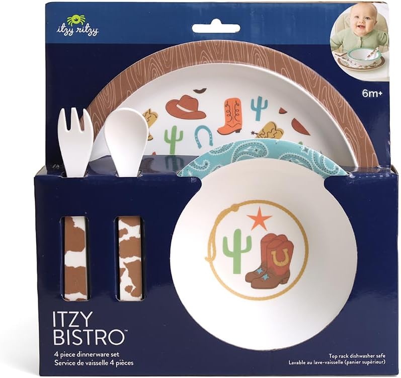 image:imageItzy Ritzy Kids Dinnerware Set Toddler Mealtime Dining Set for Ages 6 Months with Melamine Plate Bowl Fork amp Spoon Dishwasher Safe Baby Feeding Set For Independent Eating Ribbons amp RosesWestern