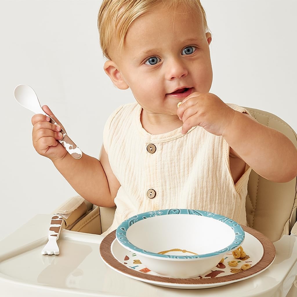 image:imageItzy Ritzy Kids Dinnerware Set Toddler Mealtime Dining Set for Ages 6 Months with Melamine Plate Bowl Fork amp Spoon Dishwasher Safe Baby Feeding Set For Independent Eating Ribbons amp RosesWestern