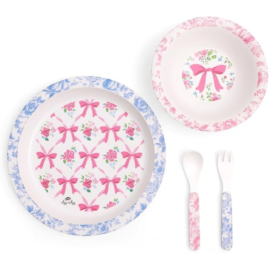 image:imageItzy Ritzy Kids Dinnerware Set Toddler Mealtime Dining Set for Ages 6 Months with Melamine Plate Bowl Fork amp Spoon Dishwasher Safe Baby Feeding Set For Independent Eating Ribbons amp RosesRibbons Roses