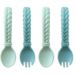 image:imageItzy Ritzy Silicone Spoon amp Fork Set Baby Utensil Set Features A Fork and Spoon with Looped Braided Handles Made of 100 Food Grade Silicone amp BPAFree Ages 6 Months and Up Blue Pack of 2