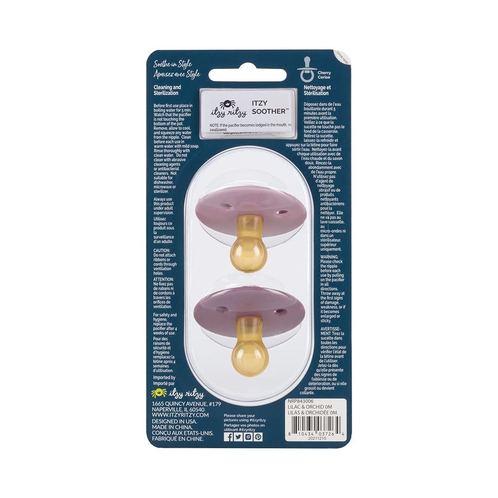 image:imageItzy Ritzy Natural Rubber Pacifiers Set of 2 Natural Rubber Newborn Pacifiers with CherryShaped Nipple amp Large Air Holes for Added Safety Set of 2 in Orchid amp Lilac Ages 0 6 Months