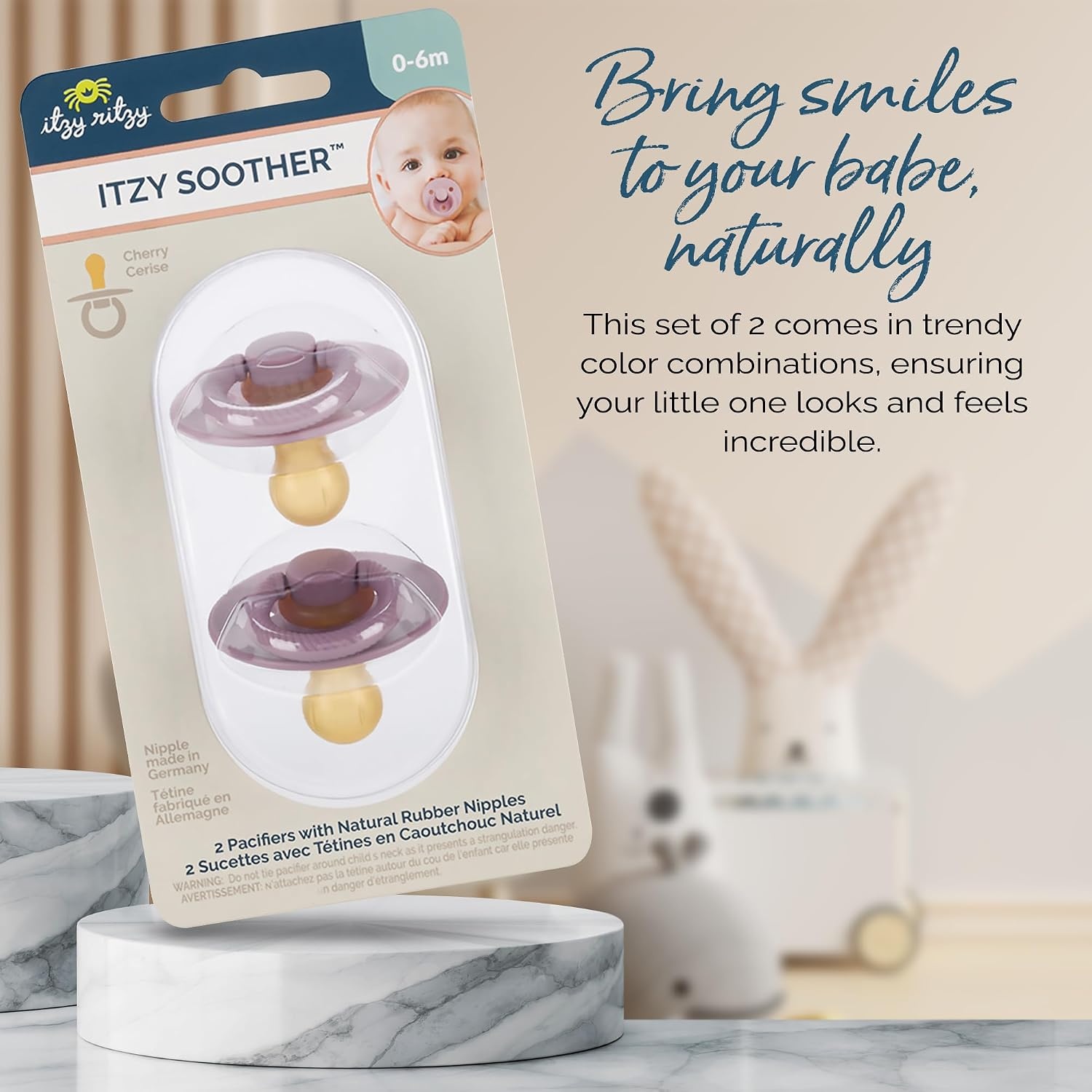 image:imageItzy Ritzy Natural Rubber Pacifiers Set of 2 Natural Rubber Newborn Pacifiers with CherryShaped Nipple amp Large Air Holes for Added Safety Set of 2 in Orchid amp Lilac Ages 0 6 Months