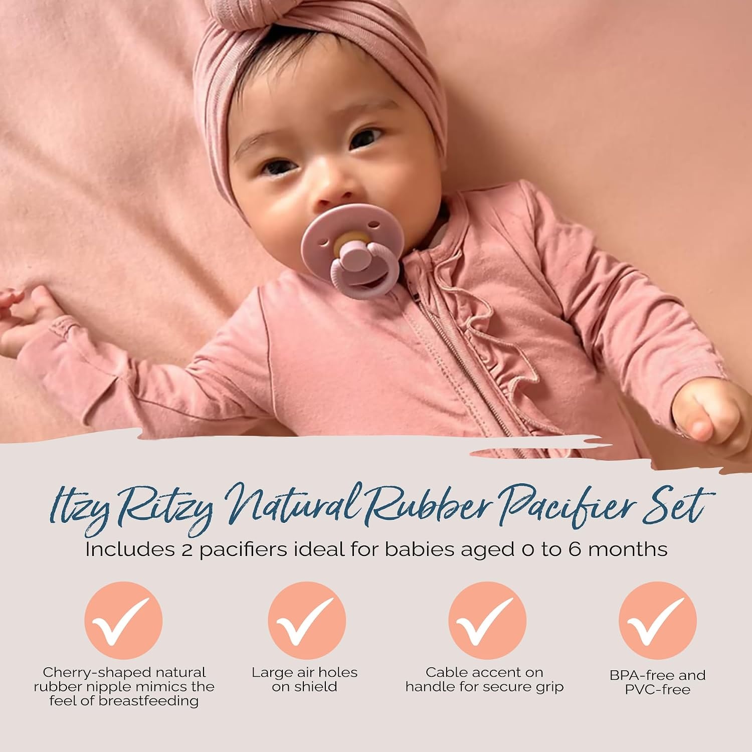image:imageItzy Ritzy Natural Rubber Pacifiers Set of 2 Natural Rubber Newborn Pacifiers with CherryShaped Nipple amp Large Air Holes for Added Safety Set of 2 in Orchid amp Lilac Ages 0 6 Months