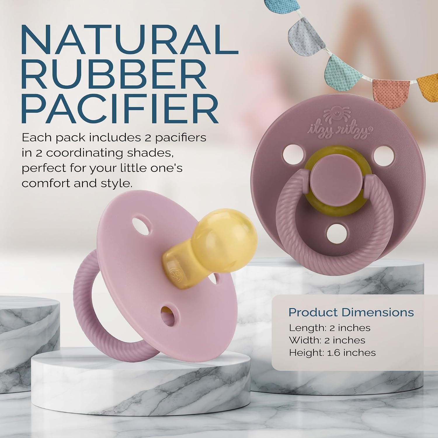 image:imageItzy Ritzy Natural Rubber Pacifiers Set of 2 Natural Rubber Newborn Pacifiers with CherryShaped Nipple amp Large Air Holes for Added Safety Set of 2 in Orchid amp Lilac Ages 0 6 Months