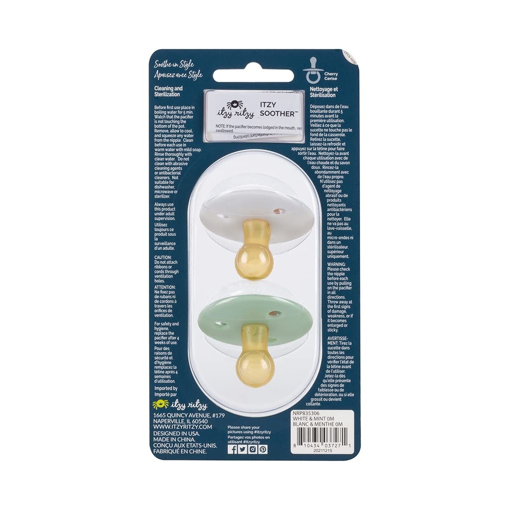 image:imageItzy Ritzy Natural Rubber Pacifiers Set of 2 Natural Rubber Newborn Pacifiers with CherryShaped Nipple amp Large Air Holes for Added Safety Set of 2 in Mint amp White Ages 0 6 Months