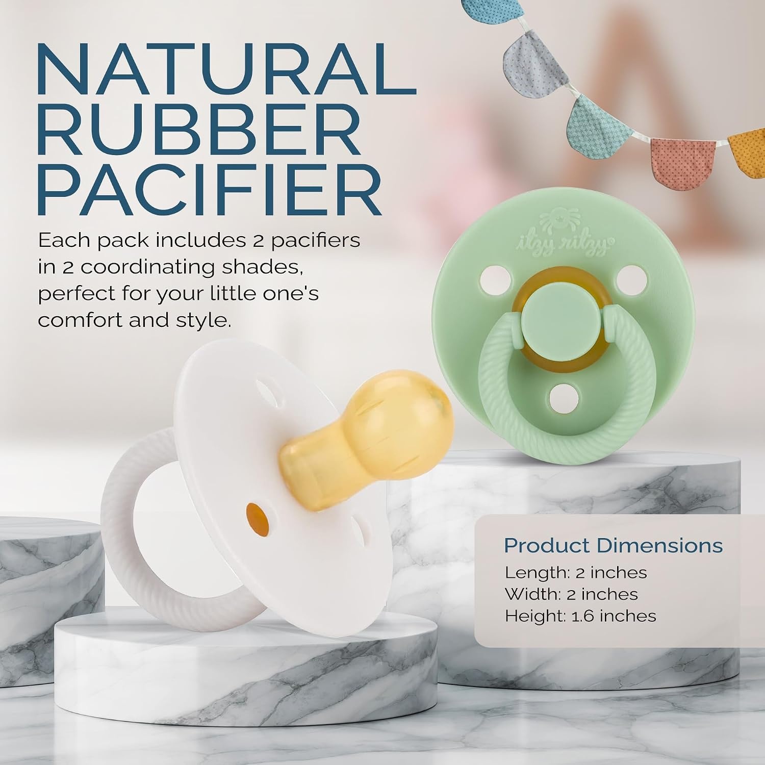 image:imageItzy Ritzy Natural Rubber Pacifiers Set of 2 Natural Rubber Newborn Pacifiers with CherryShaped Nipple amp Large Air Holes for Added Safety Set of 2 in Mint amp White Ages 0 6 Months