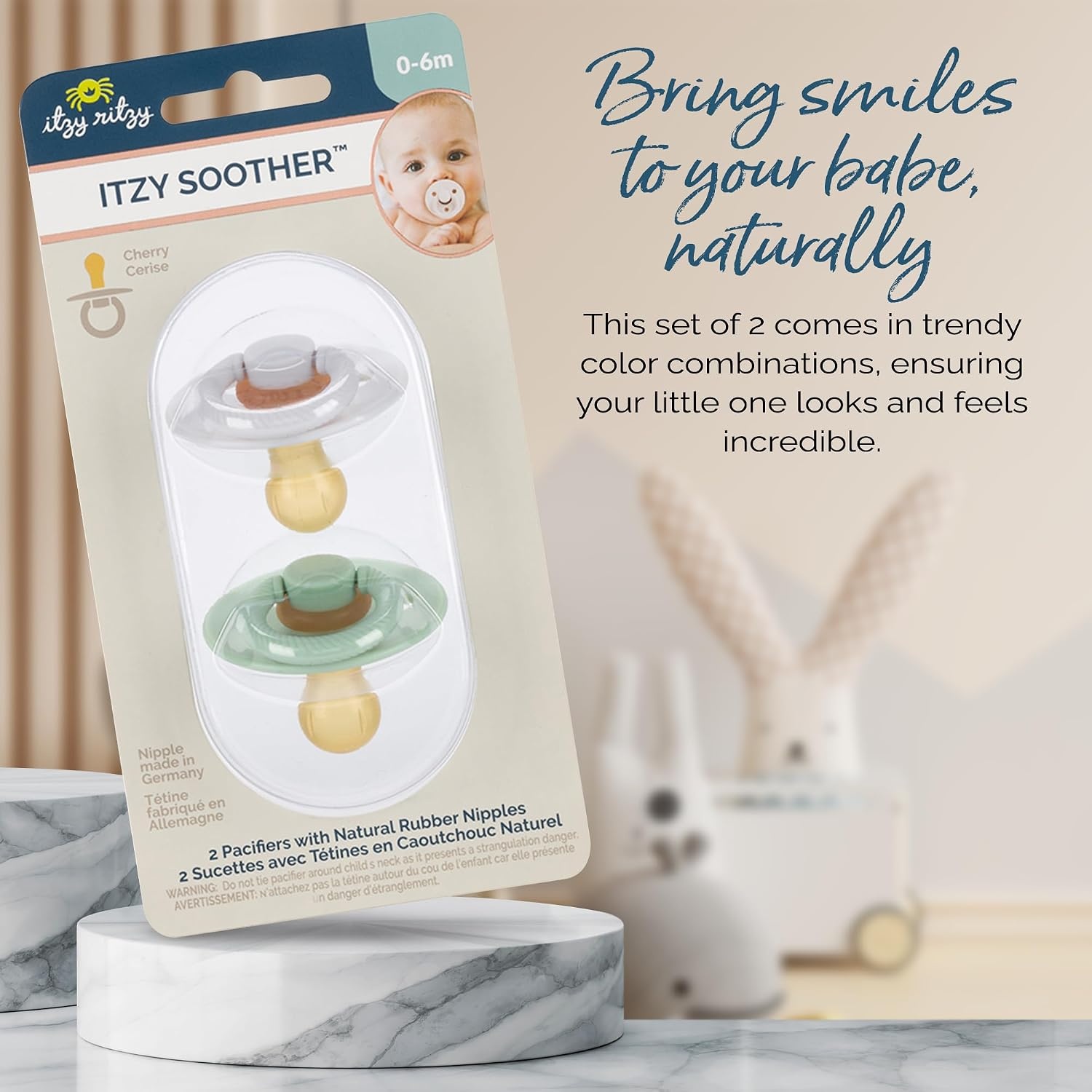 image:imageItzy Ritzy Natural Rubber Pacifiers Set of 2 Natural Rubber Newborn Pacifiers with CherryShaped Nipple amp Large Air Holes for Added Safety Set of 2 in Mint amp White Ages 0 6 Months