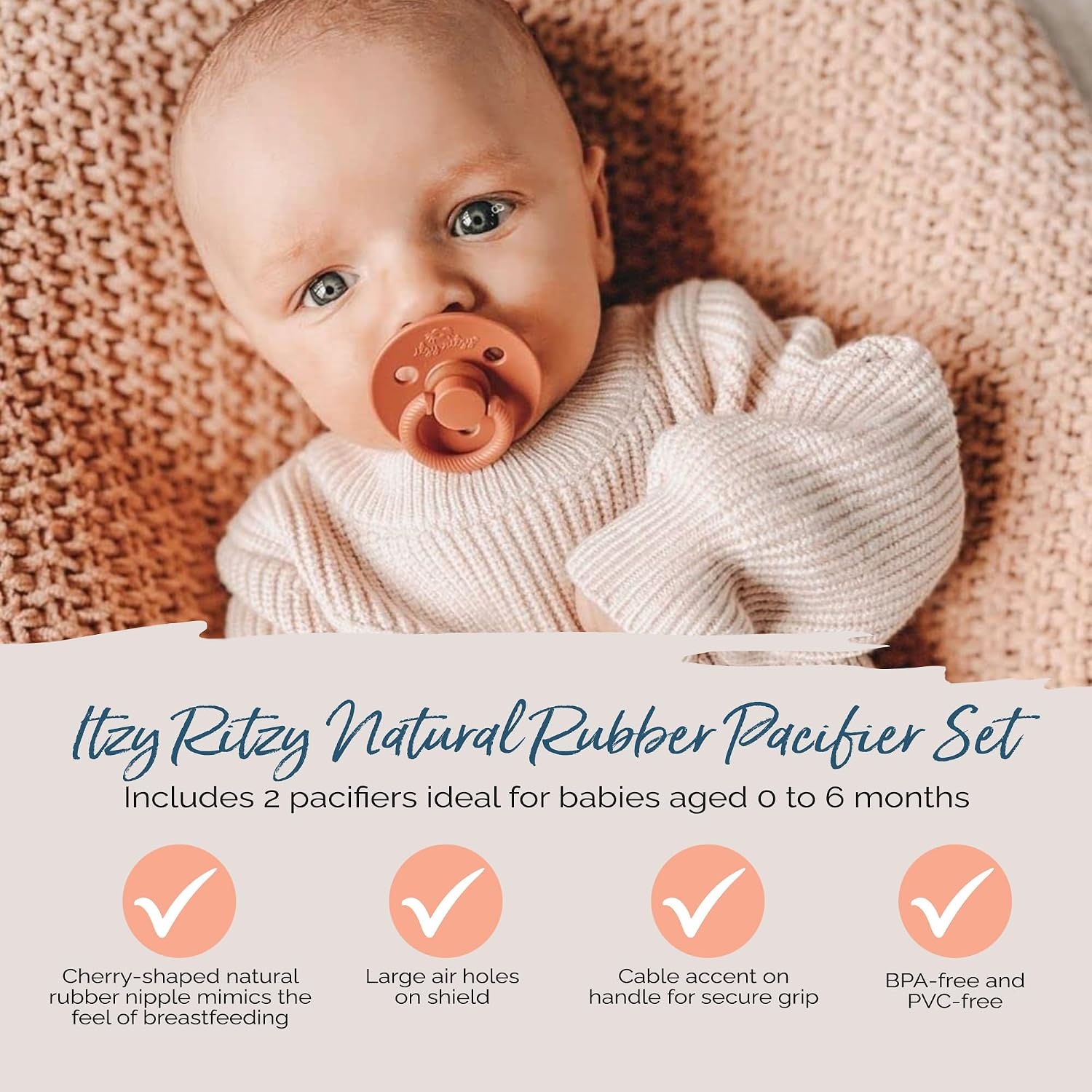 image:imageItzy Ritzy Natural Rubber Pacifiers Set of 2 Natural Rubber Newborn Pacifiers with CherryShaped Nipple amp Large Air Holes for Added Safety Set of 2 in Chocolate amp Caramel Ages 0 6 Months