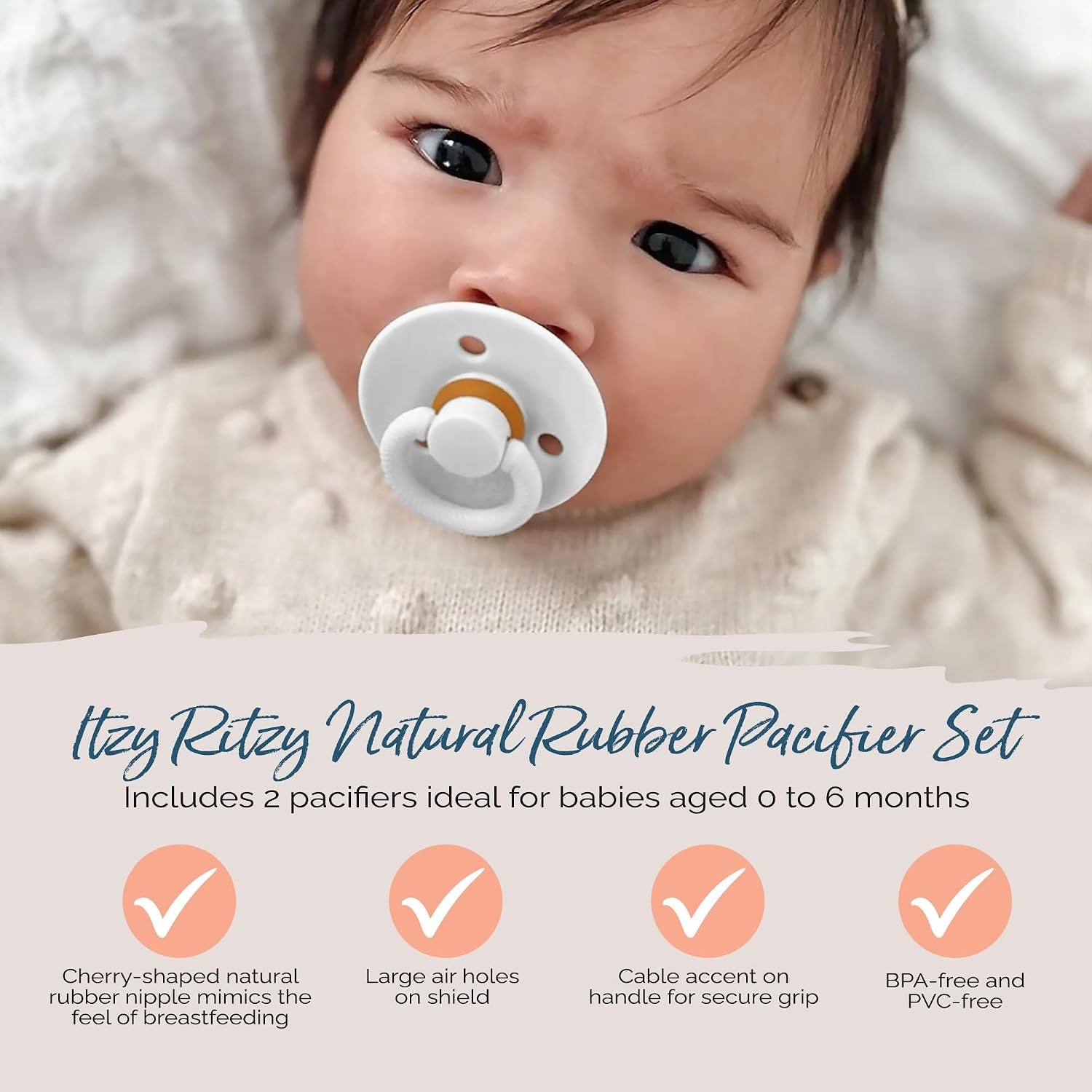 image:imageItzy Ritzy Natural Rubber Pacifiers Set of 2 Natural Rubber Newborn Pacifiers with CherryShaped Nipple amp Large Air Holes for Added Safety Set of 2 in Mint amp White Ages 0 6 Months