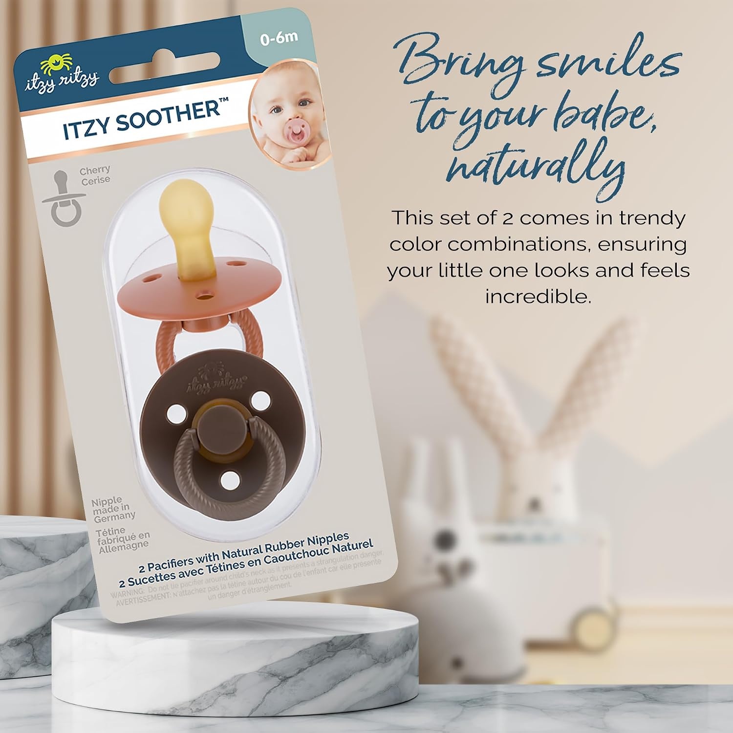 image:imageItzy Ritzy Natural Rubber Pacifiers Set of 2 Natural Rubber Newborn Pacifiers with CherryShaped Nipple amp Large Air Holes for Added Safety Set of 2 in Chocolate amp Caramel Ages 0 6 Months